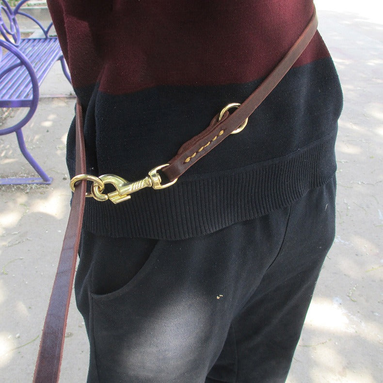 Premium Leather Training Dog Leash – Double Hook Design for Hands-Free Walking & Easy Training
