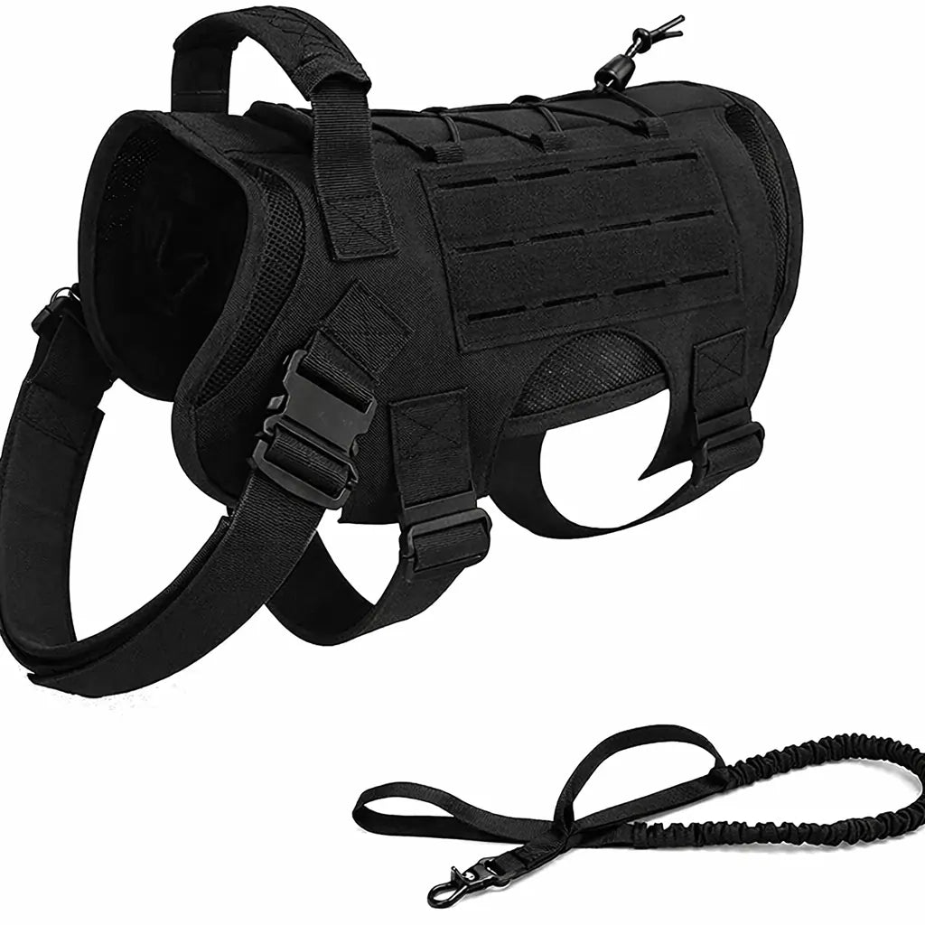 Tactical Service Dog Harness Vest And Bungee Dog Leash Set with Handles, Military Working Dog Molle Vest Adjustable Training Vest Patrol Harness with Comfy Mesh Padding