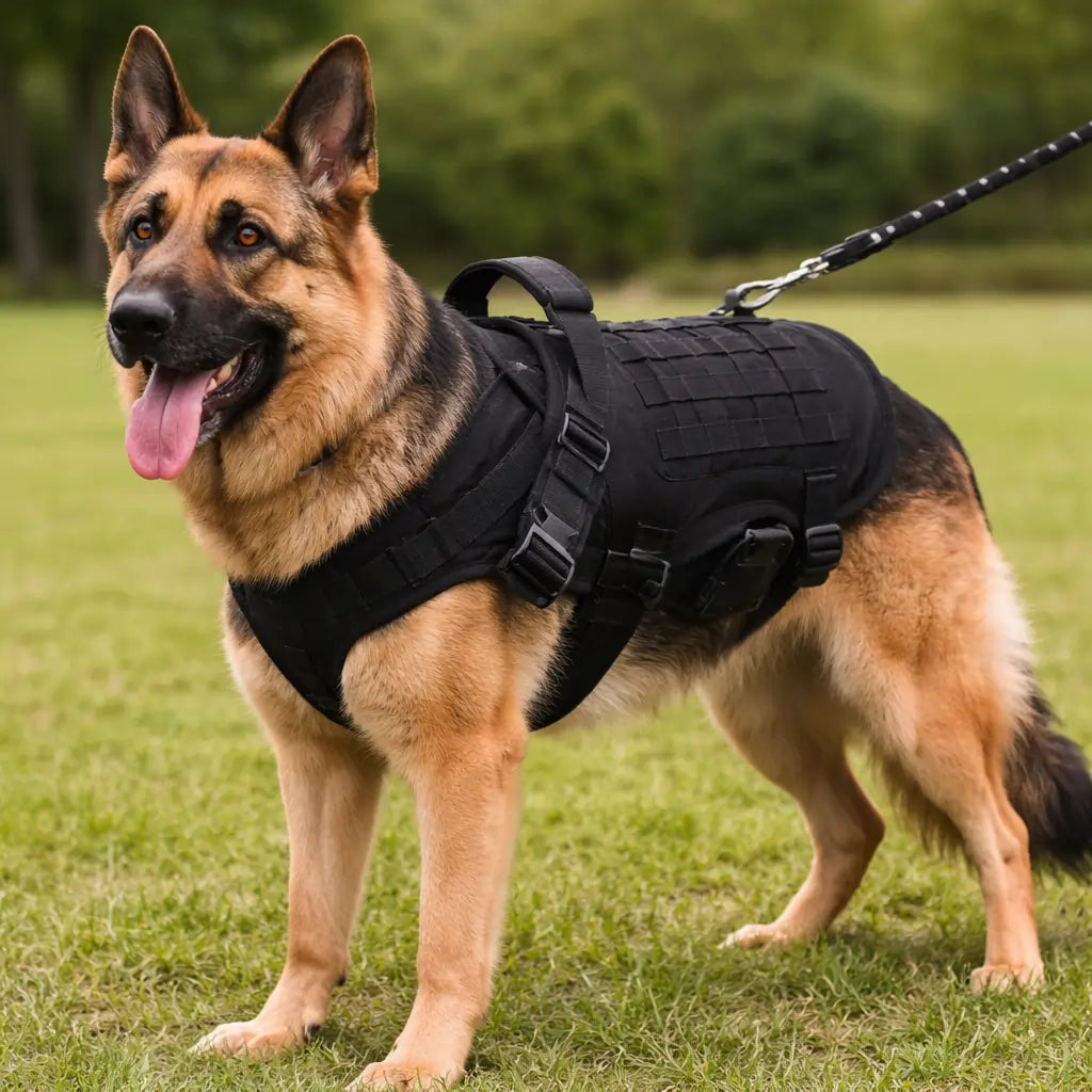 Tactical Service Dog Harness Vest And Bungee Dog Leash Set with Handles, Military Working Dog Molle Vest Adjustable Training Vest Patrol Harness with Comfy Mesh Padding