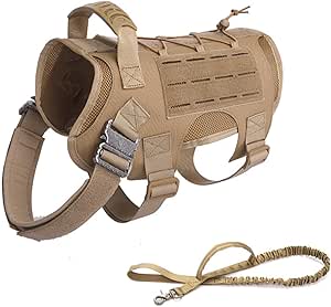 Tactical Service Dog Harness Vest And Bungee Dog Leash Set with Handles, Military Working Dog Molle Vest Adjustable Training Vest Patrol Harness with Comfy Mesh Padding