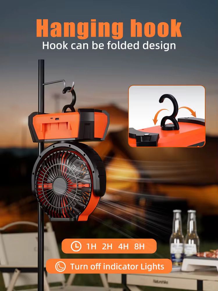 Portable Camping Fan with LED Light & 16000mAh Power Bank | USB Rechargeable, Remote Control, 4-Speed, Ultra-Quiet 29dB — Tent, RV & Outdoor Use