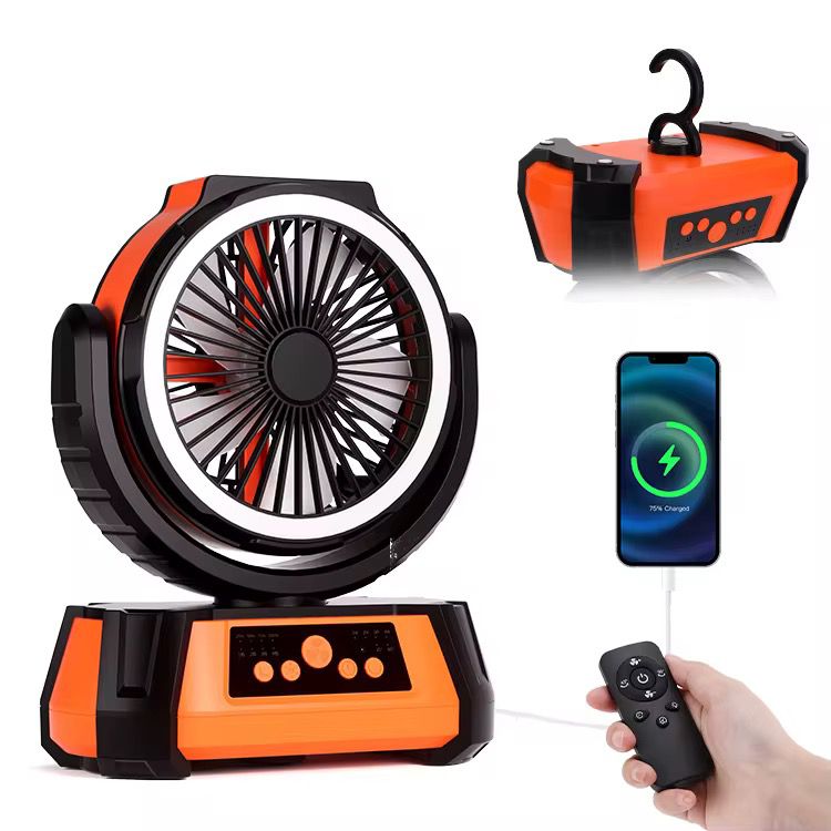 Portable Camping Fan with LED Light & 16000mAh Power Bank | USB Rechargeable, Remote Control, 4-Speed, Ultra-Quiet 29dB — Tent, RV & Outdoor Use