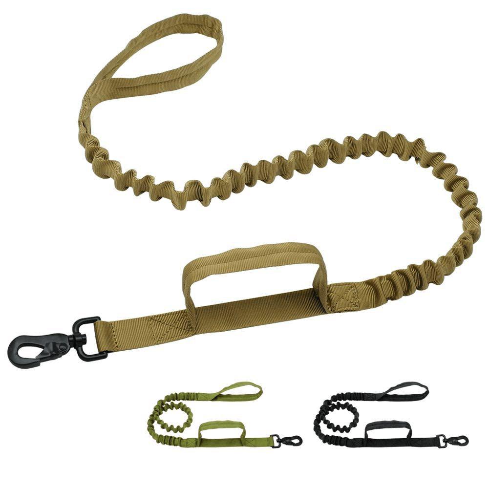 Heavy Duty Tactical Bungee Dog Leash with Car Seat Belt – Reflective Shock-Absorbing No Pull Lead for Large Dogs (Black, Green, Camo & Brown)