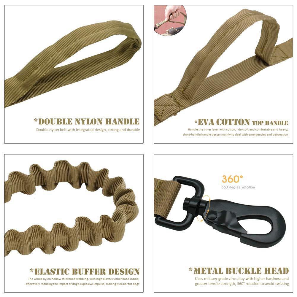 Heavy Duty Tactical Bungee Dog Leash with Car Seat Belt – Reflective Shock-Absorbing No Pull Lead for Large Dogs (Black, Green, Camo & Brown)