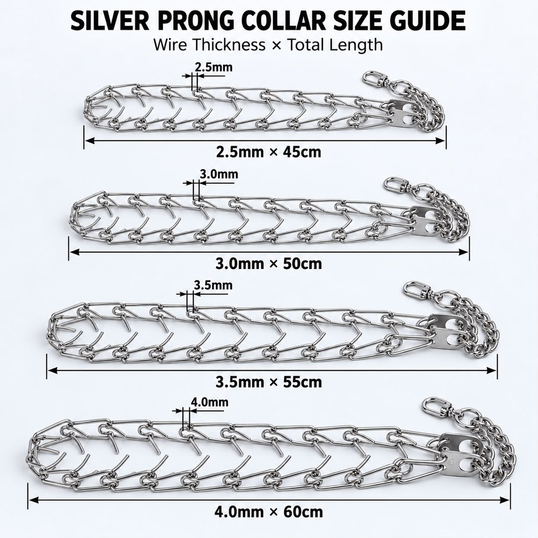 Adjustable Metal Non Rust Prong Dog Training Collar with Rubber Tips – Silver, 2.5×45 cm, 3.0×50cm, 3.5×55 cm, & 4.0×60cm