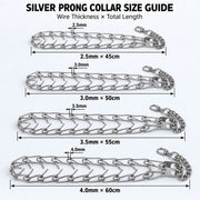 Adjustable Metal Non Rust Prong Dog Training Collar with Rubber Tips – Silver, 2.5×45 cm, 3.0×50cm, 3.5×55 cm, & 4.0×60cm