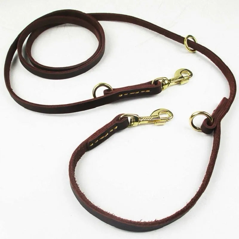 Premium Leather Training Dog Leash – Double Hook Design for Hands-Free Walking
